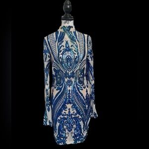 Banjul Blue Sequin Nude Mesh Baroque Bodycon Mini Mock Neck Long Sleeve L